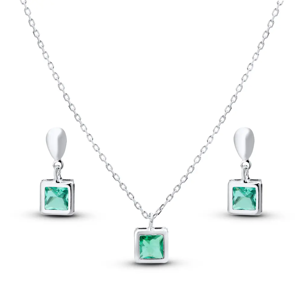 Conjunto Prata Leve Zircônia Quadrada Verde