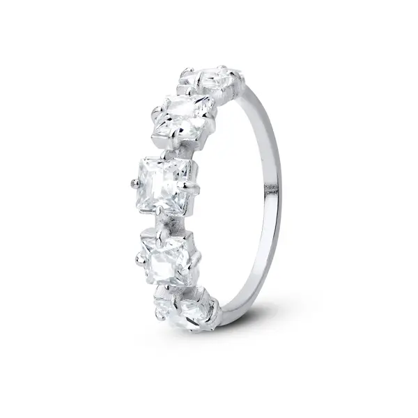 Anel Prata Meia Aliança Zircônias Brancas