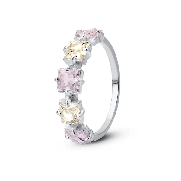 Anel Prata Meia Aliança Zircônias Amarelas e Rosas