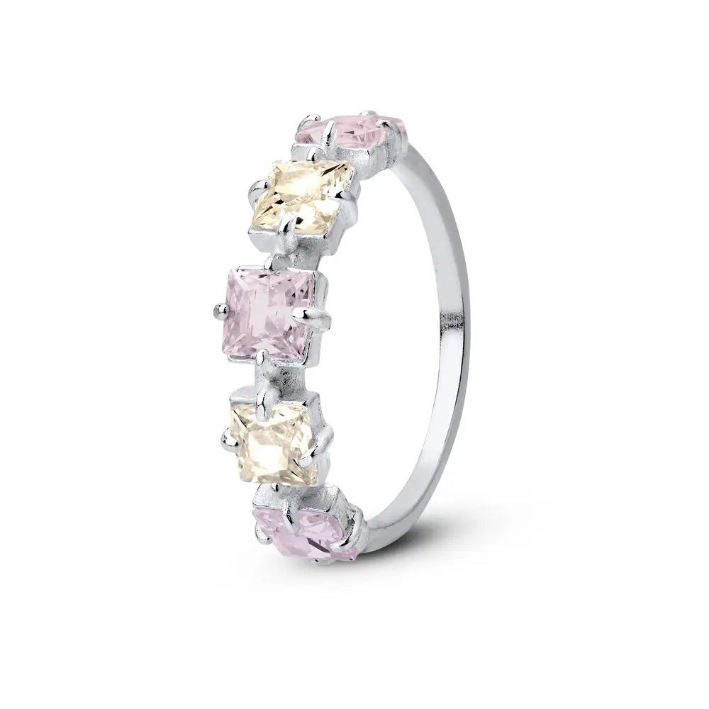 Anel Prata Meia Aliança Zircônias Amarelas e Rosas