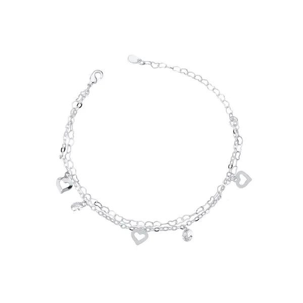 Pulseira Prata Leve Dupla Corações Vazados e Zircônias