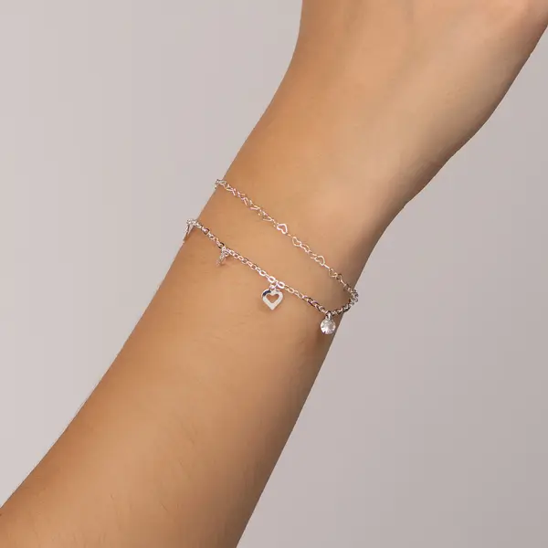 Pulseira Prata Leve Dupla Corações Vazados e Zircônias