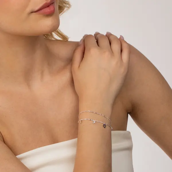 Pulseira Prata Leve Dupla Corações Vazados e Zircônias