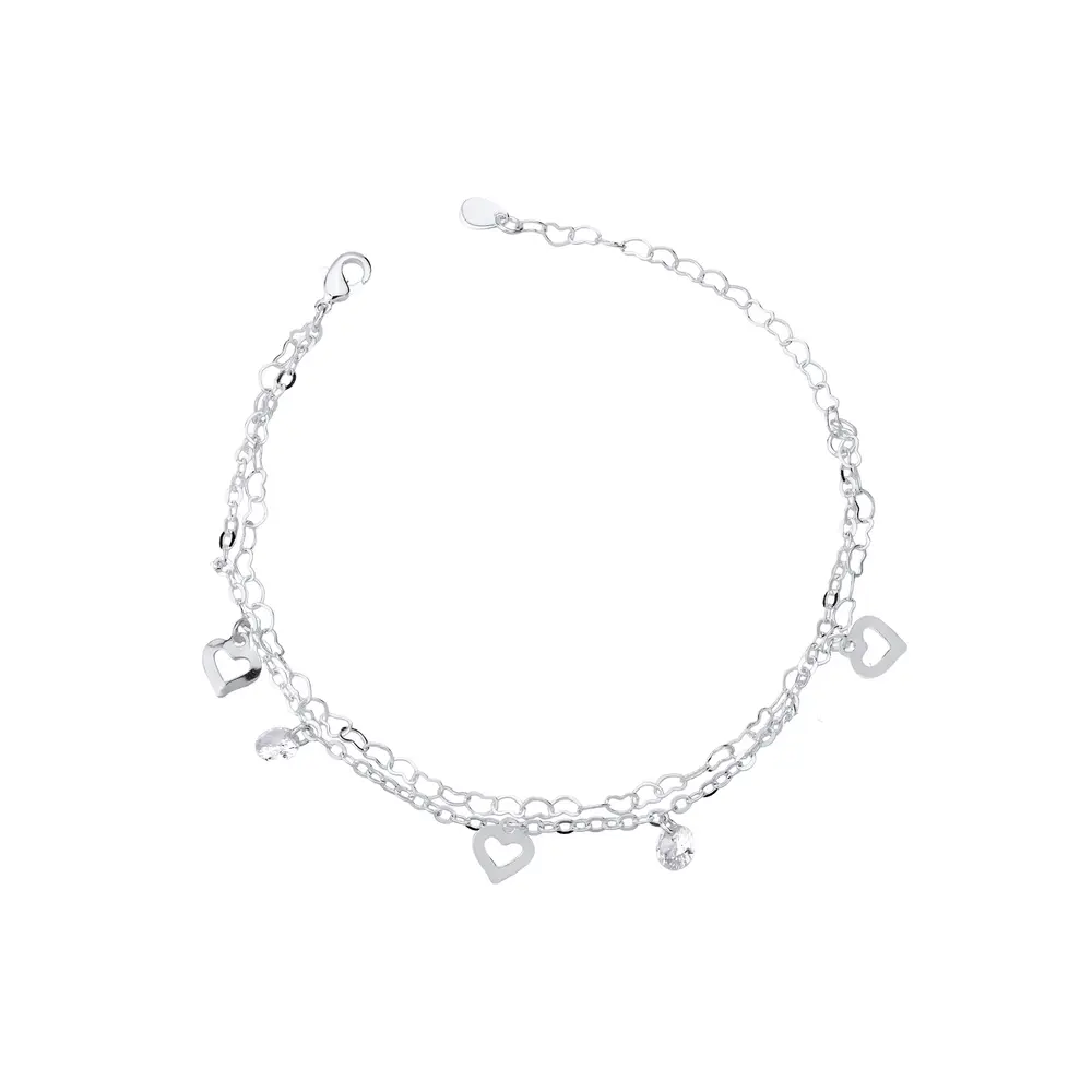 Pulseira Prata Leve Dupla Corações Vazados e Zircônias