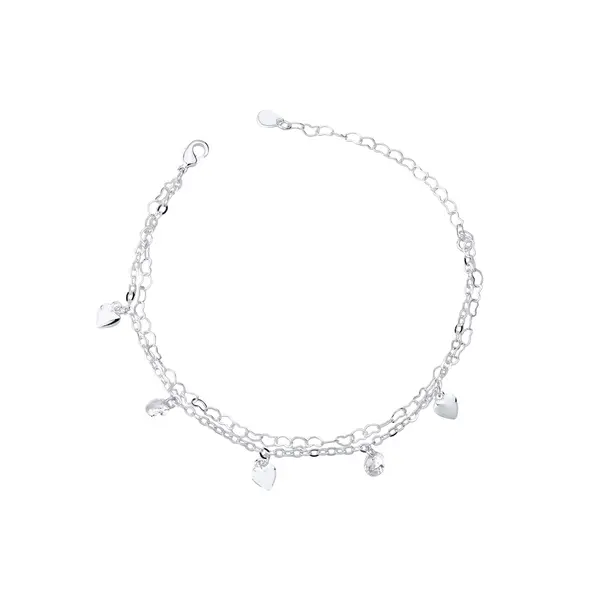Pulseira Prata Leve Dupla Corações e Zircônias