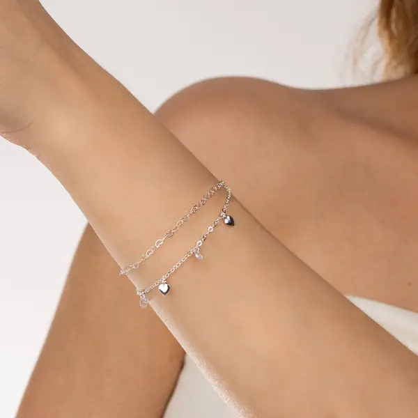 Pulseira Prata Leve Dupla Corações e Zircônias