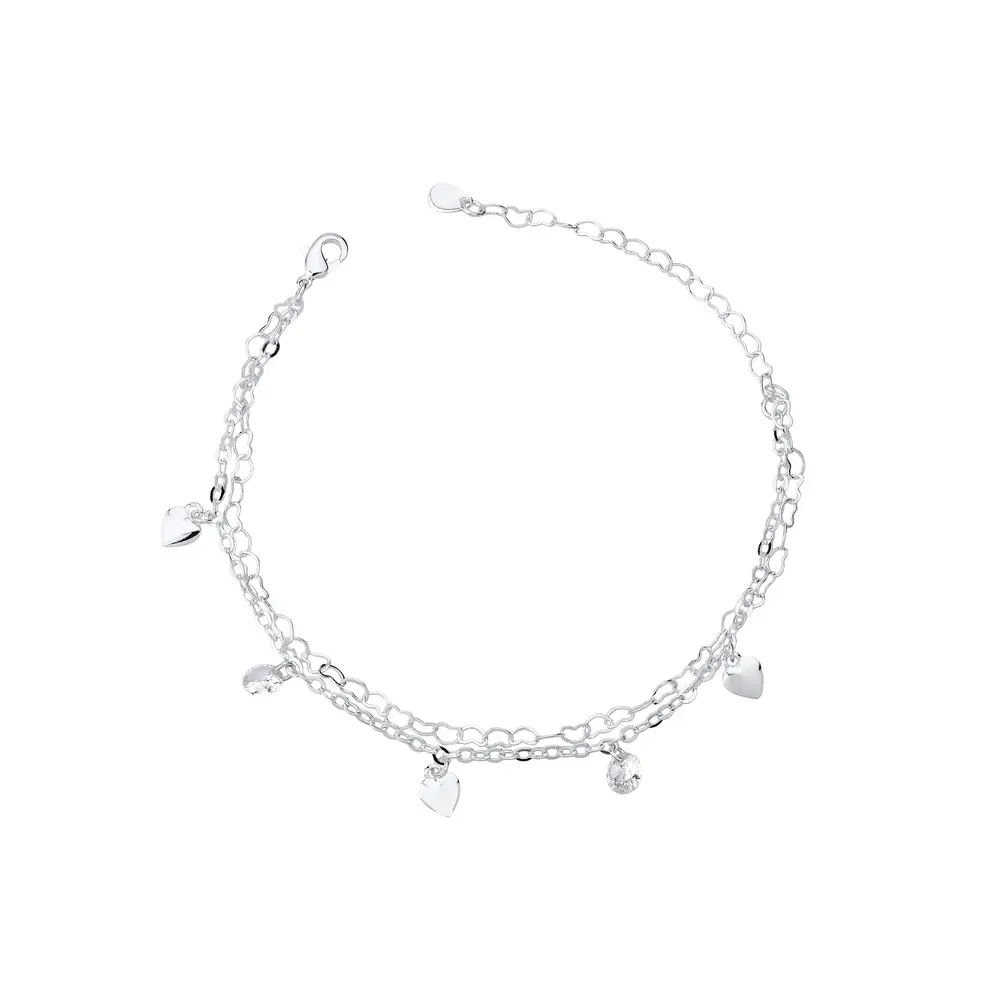 Pulseira Prata Leve Dupla Corações e Zircônias