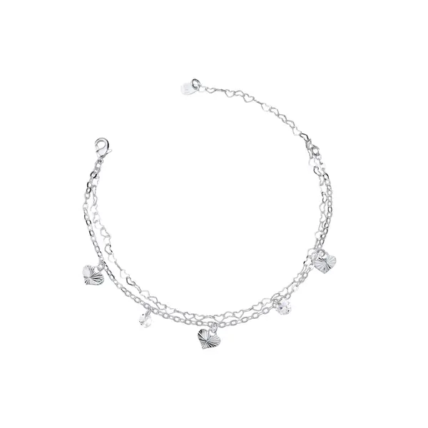 Pulseira Prata Leve Dupla Corações Trabalhados e Zircônias