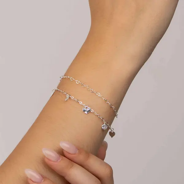 Pulseira Prata Leve Dupla Corações Trabalhados e Zircônias