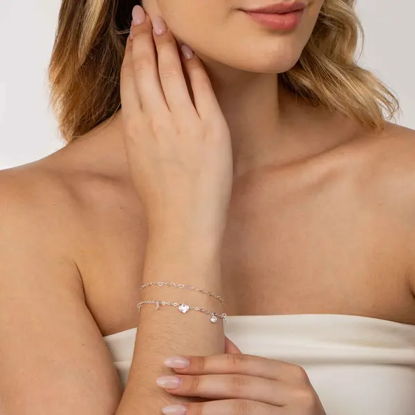 Pulseira Prata Leve Dupla Corações Trabalhados e Zircônias