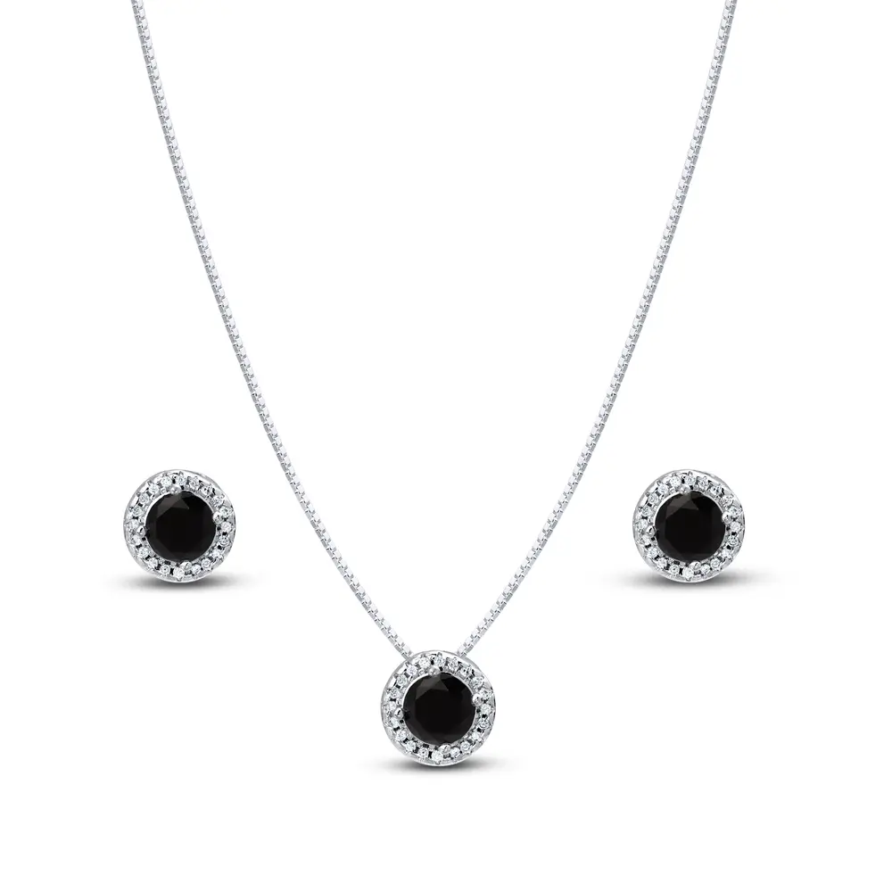 Conjunto Prata Leve Clássico Redondo com Zircônias Preto