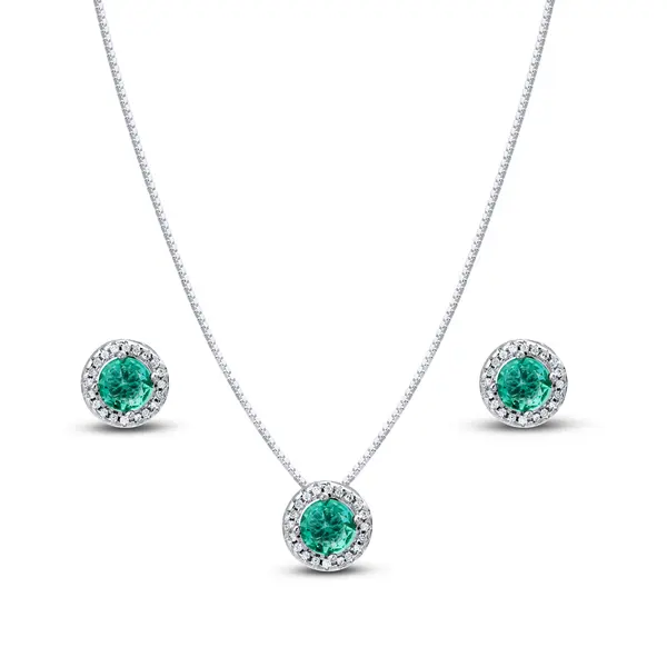 Conjunto Prata Leve Clássico Redondo com Zircônias Verde