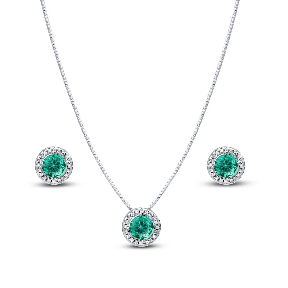 Conjunto Prata Leve Clássico Redondo com Zircônias Verde