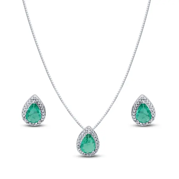 Conjunto Prata Leve Clássico Gota com Zircônias Verde