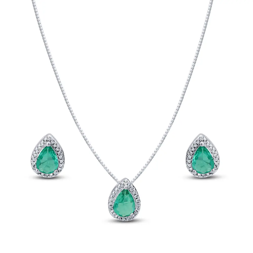 Conjunto Prata Leve Clássico Gota com Zircônias Verde