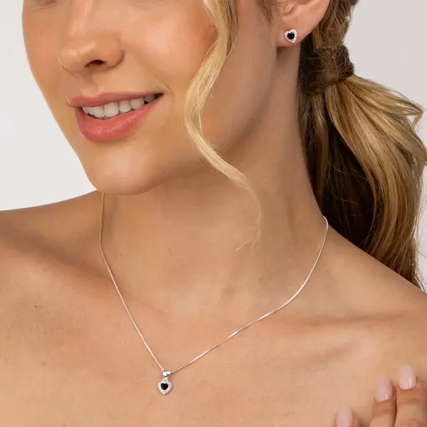 Conjunto Prata Leve Clássico Coração com Zircônias Preto P
