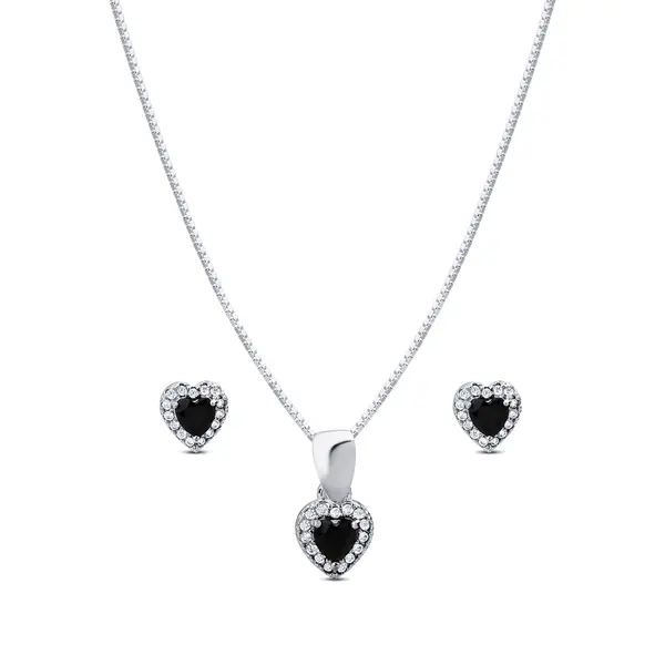 Conjunto Prata Leve Clássico Coração com Zircônias Preto P