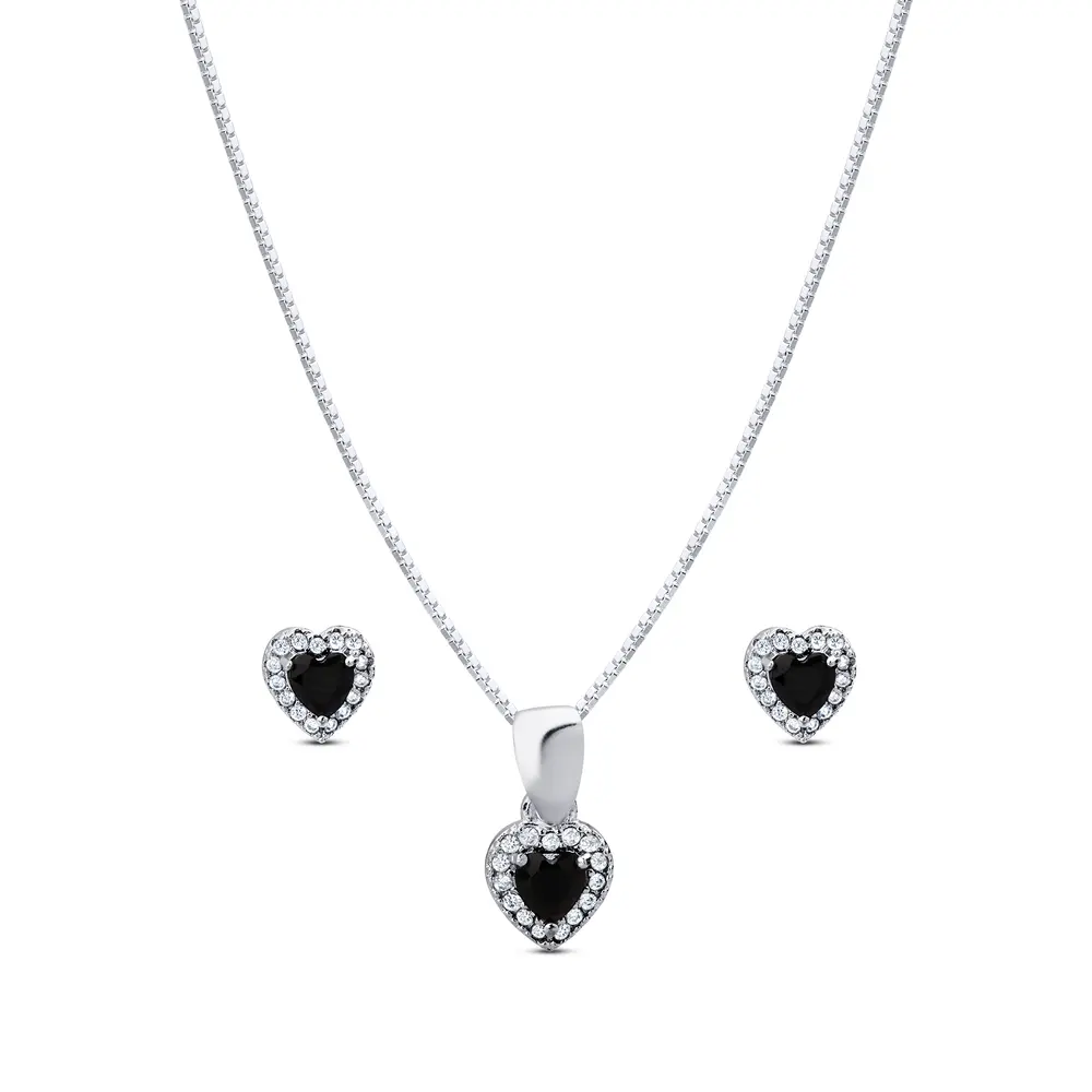 Conjunto Prata Leve Clássico Coração com Zircônias Preto P