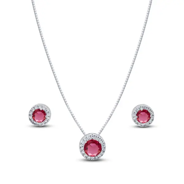 Conjunto Prata Leve Clássico Redondo Zircônias Rosa