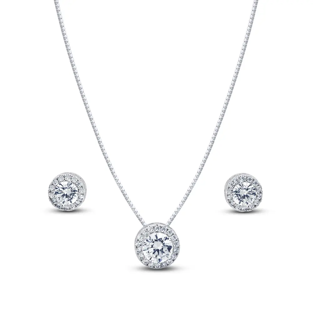 Conjunto Prata Leve Clássico Redondo Zircônias Brancas