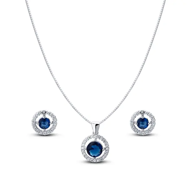 Conjunto Prata Leve Clássico Redondo Zircônias Grande Azul