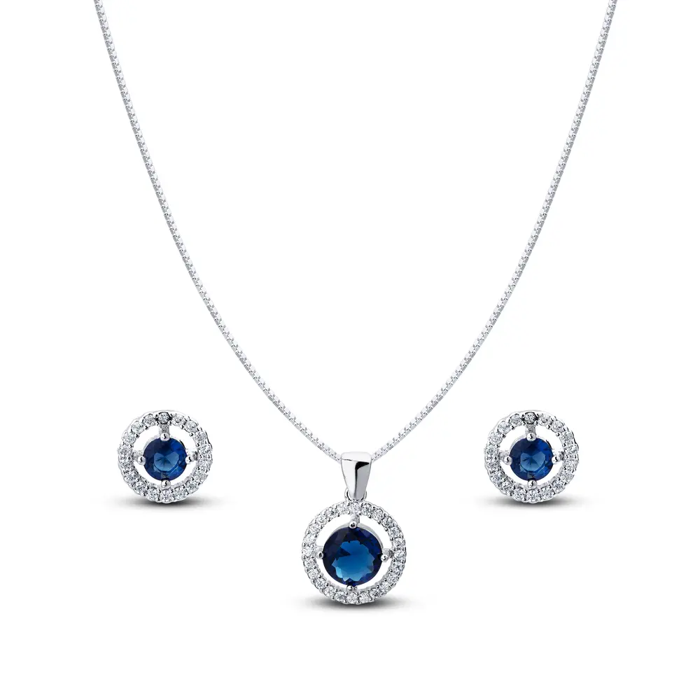 Conjunto Prata Leve Clássico Redondo Zircônias Grande Azul