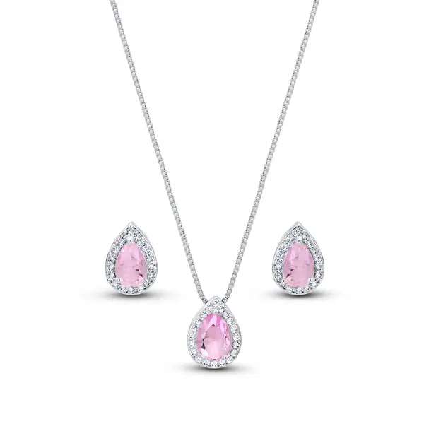 Conjunto Prata Leve Clássico Gota Zircônias Rosa Claro