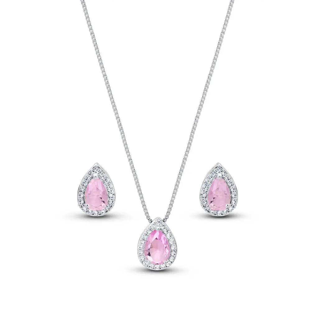 Conjunto Prata Leve Clássico Gota Zircônias Rosa Claro