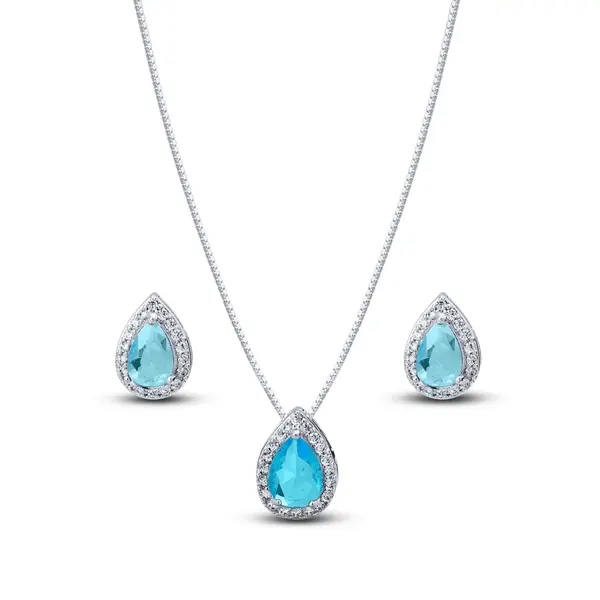 Conjunto Prata Leve Clássico Gota Zircônias Azul