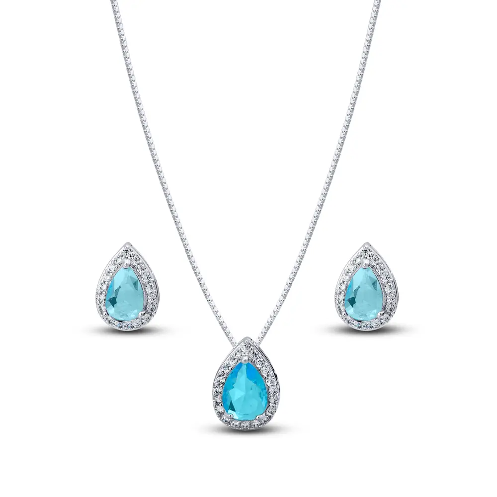 Conjunto Prata Leve Clássico Gota Zircônias Azul
