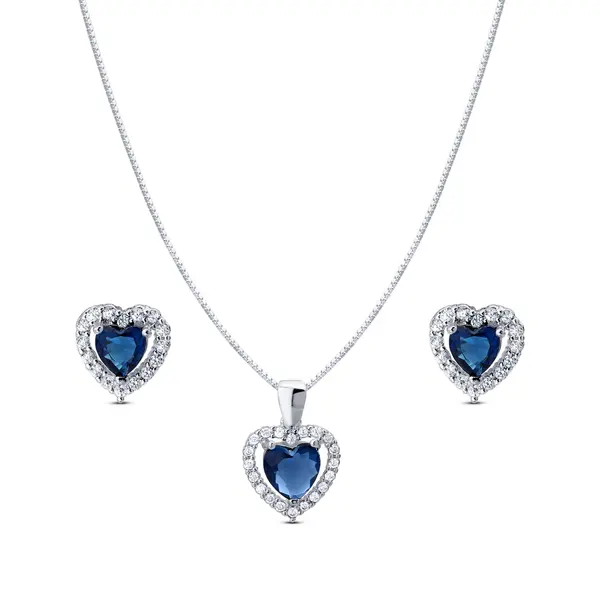 Conjunto Prata Leve Clássico Coração Zircônias Azul Escuro