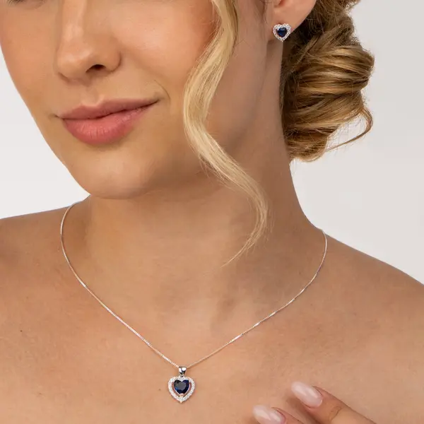 Conjunto Prata Leve Clássico Coração Zircônias Azul Escuro