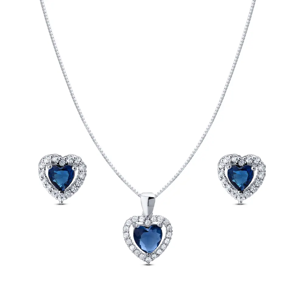 Conjunto Prata Leve Clássico Coração Zircônias Azul Escuro