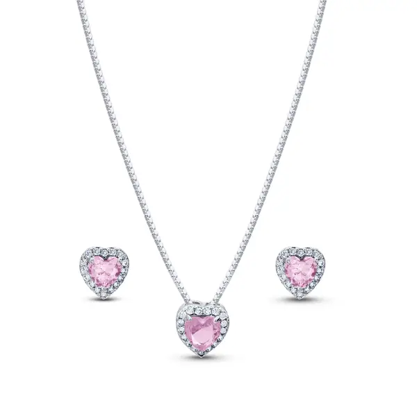 Conjunto Prata Leve Clássico Coração Zircônias Rosa Claro