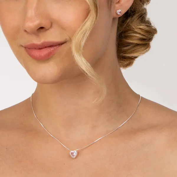 Conjunto Prata Leve Clássico Coração Zircônias Rosa Claro