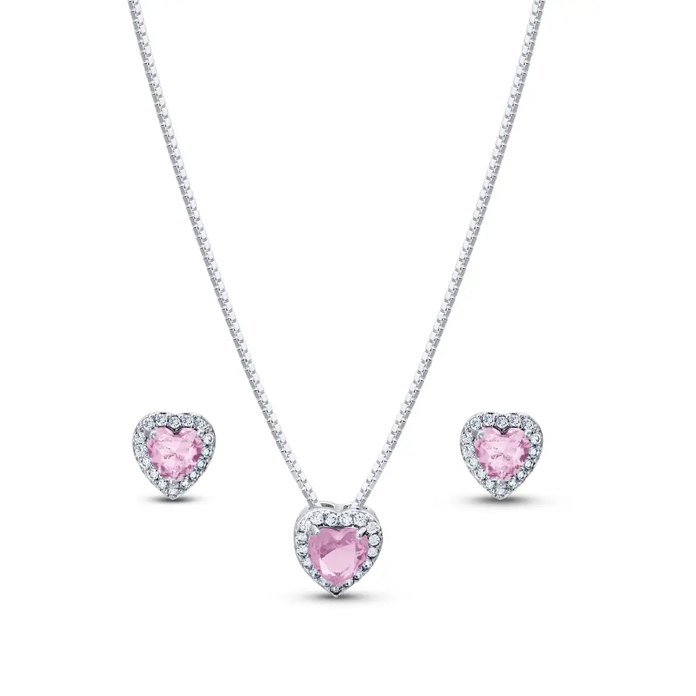 Conjunto Prata Leve Clássico Coração Zircônias Rosa Claro