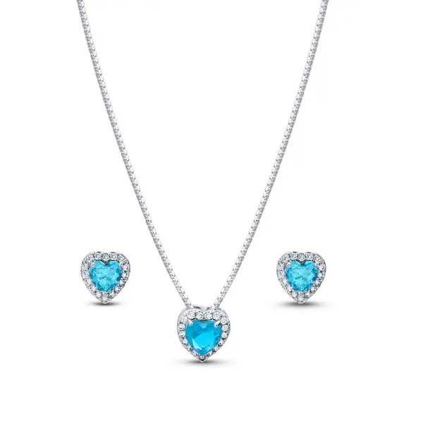 Conjunto Prata Leve Clássico Coração Zircônias Azul
