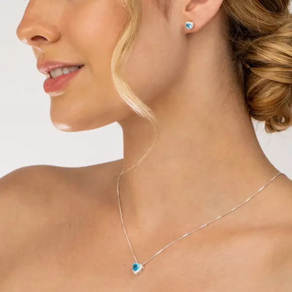 Conjunto Prata Leve Clássico Coração Zircônias Azul