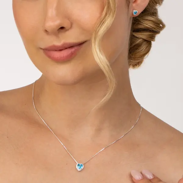 Conjunto Prata Leve Clássico Coração Zircônias Azul