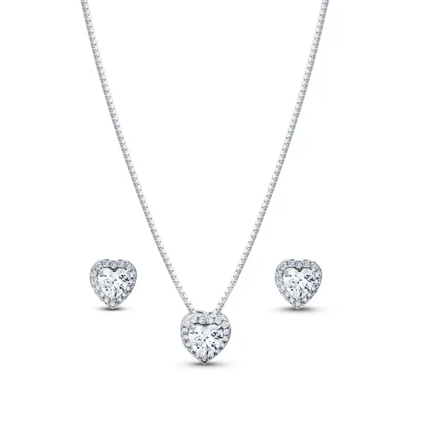 Conjunto Prata Leve Clássico Coração Zircônias Branca