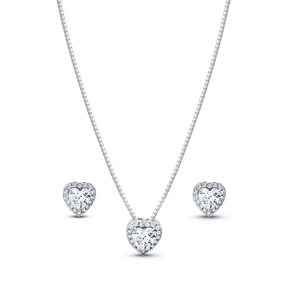 Conjunto Prata Leve Clássico Coração Zircônias Branca