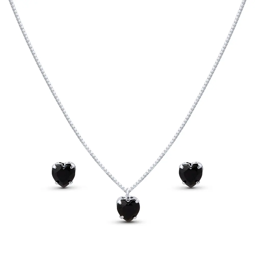 Conjunto Prata Leve Coração em Zircônia Preta