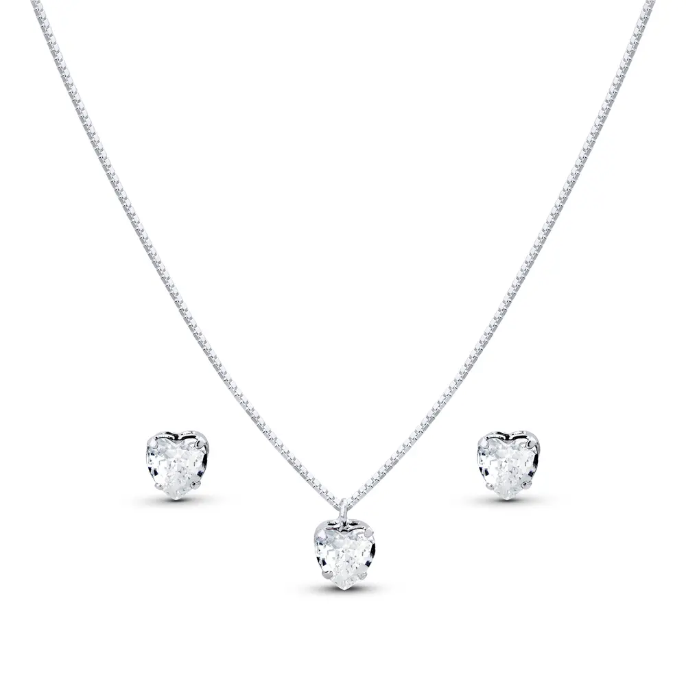 Conjunto Prata Leve Coração em Zircônia Branca