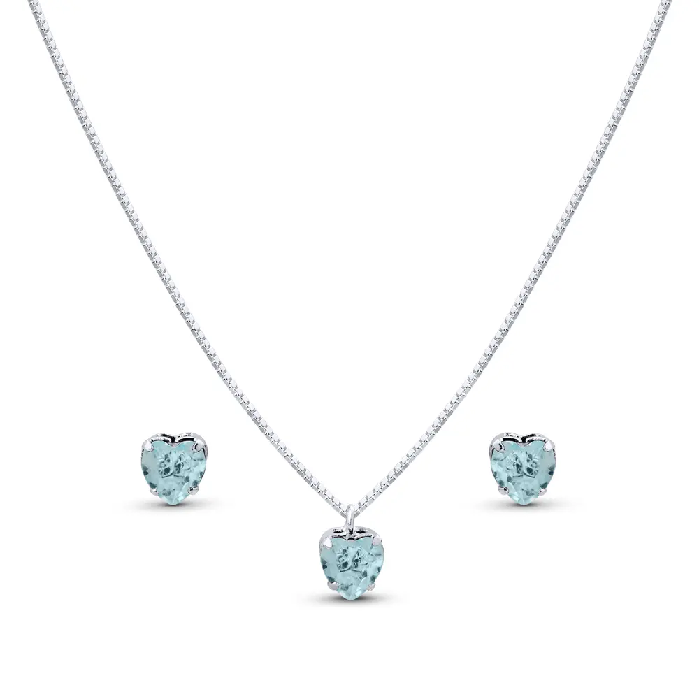 Conjunto Prata Leve Coração em Zircônia Azul Claro