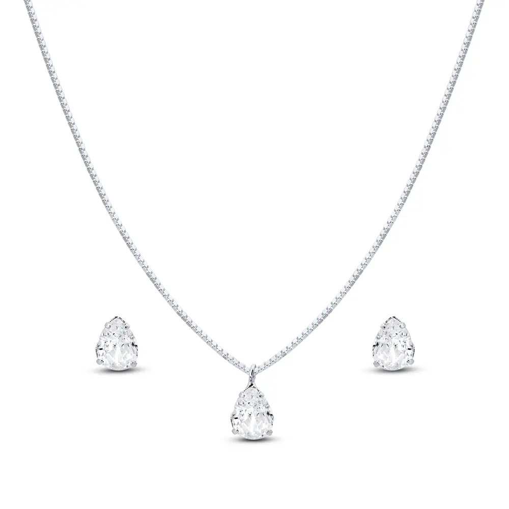 Conjunto Prata Leve Gota em Zircônia Branca