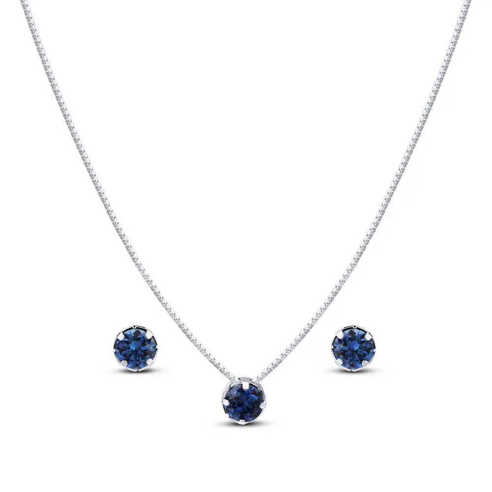 Conjunto Prata Leve Redondo em Zircônia Azul Escuro