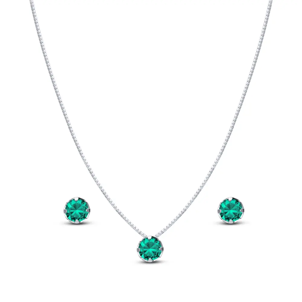 Conjunto Prata Leve Redondo em Zircônia Verde Claro