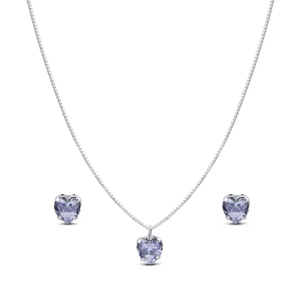 Conjunto Prata Leve Coração em Zircônia Lilás