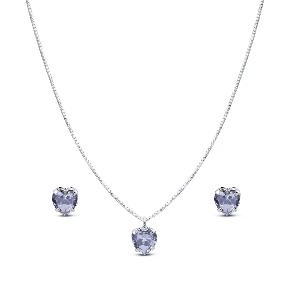 Conjunto Prata Leve Coração em Zircônia Lilás