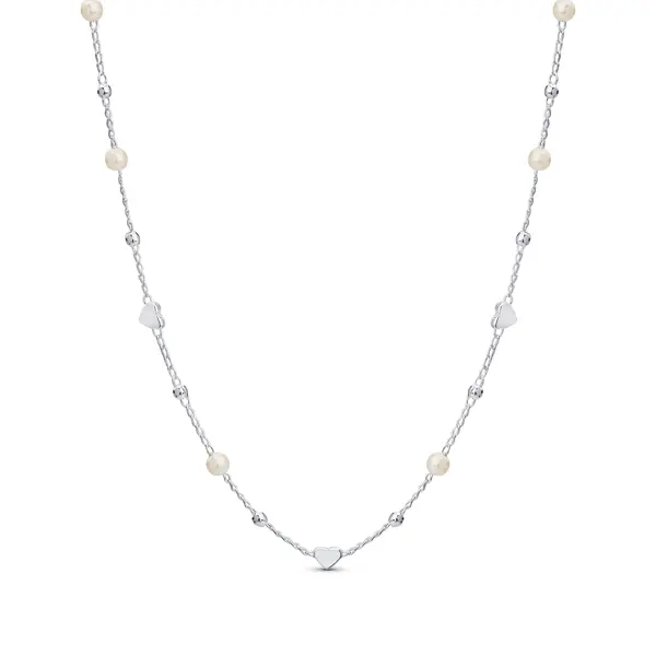 Gargantilha Prata Leve Corações e Pérolas